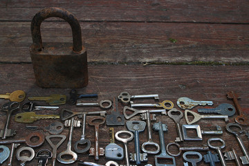 Keys locks wooden background