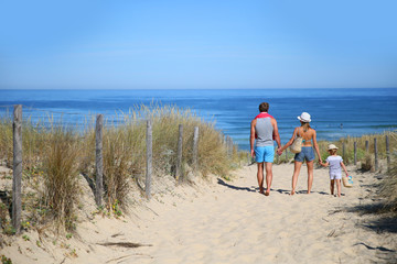 Back view of family walking to the beach on a sunny day - obrazy, fototapety, plakaty