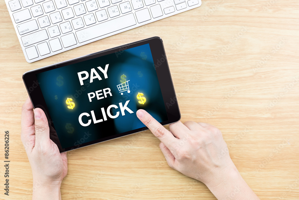 Poster Finger click screen with Pay per click word with keyboard on woo