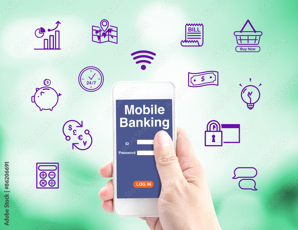 Poster mobile banking, hand holding mobile with log in interface and ic