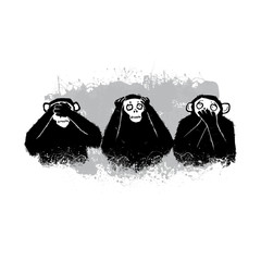 Three Monkeys. Buddhist principle of rejection of evil. Vector illustration.