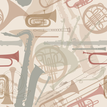 Abstract Music Background. Seamless texture with musical instruments. Musical tiled pattern.