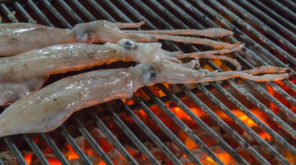 squid seafood in BBQ Flames