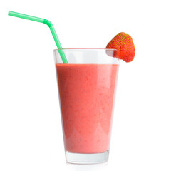Strawberry Smoothie in a Glass with Straw and Garnish Isolated on a White Background