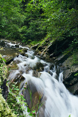 Fototapeta na wymiar mountain stream flowing over rocks in the trees