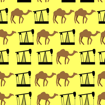 Desert camels and oil pumps seamless pattern. Vector background