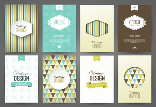 Set of brochures in vintage style. Vector design templates. Vintage frames and backgrounds.
