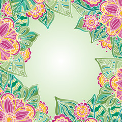 Fototapeta na wymiar Vector template with colorful flowers and leaves for greeting ca