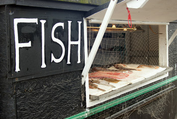 Small fish vendor with fresh raw fish on display 