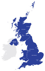 Map of the United Kingdom with Cities and Countries