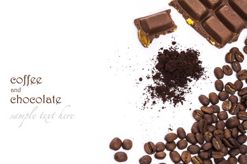 Coffee beans and chocolates on white table