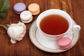 traditional french macrons with tea set