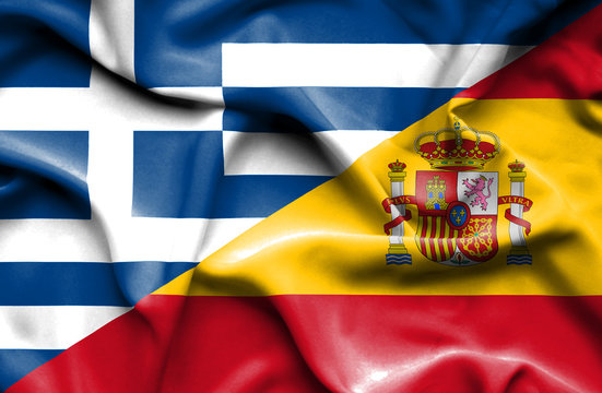 Waving flag of Spain and Greece