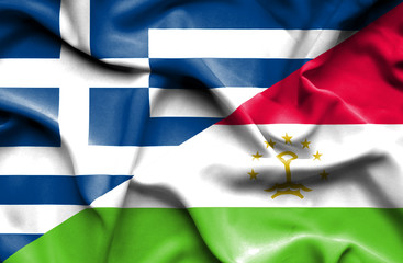 Waving flag of Tajikistan and Greece