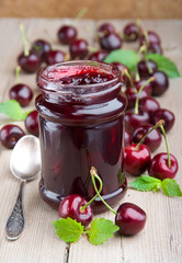 Summer dessert. Fresh sweet cherry and sweet cherry jam