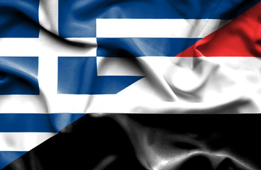 Waving flag of Yemen and Greece