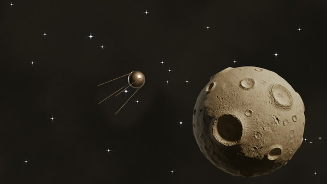 Sputnik flying in space near a large asteroid
