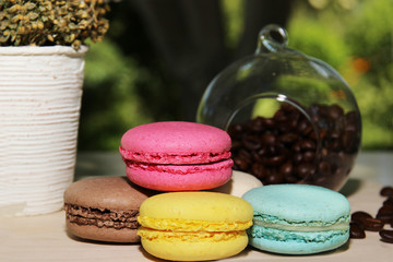 Colorful french macaroons with coffee on the nature background