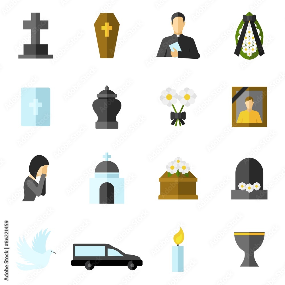 Poster funeral flat icons set