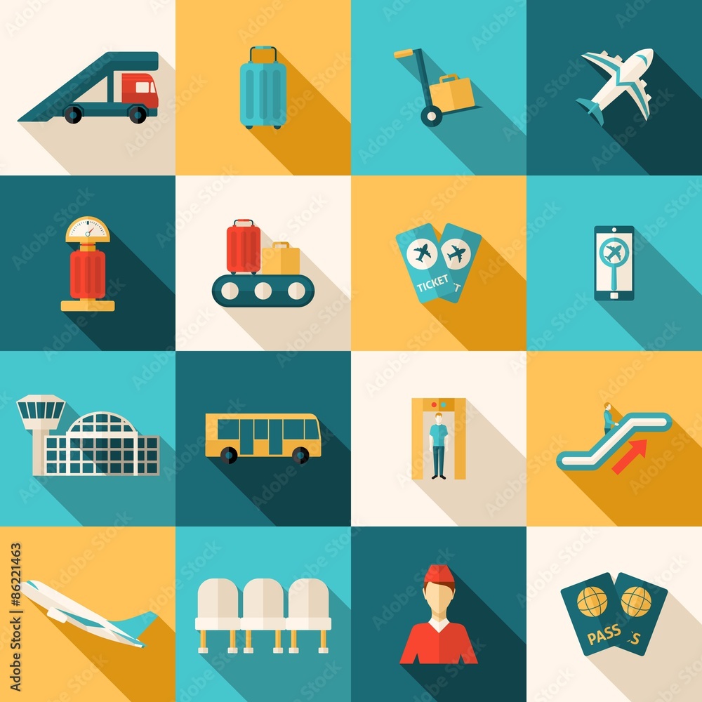 Poster airport icons flat set