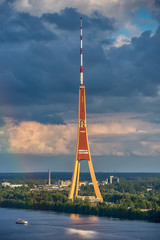 TV tower and river Daugava in the city of Riga, Latvia.