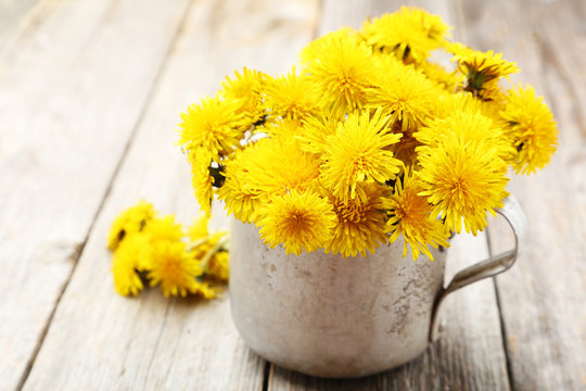 Yellow dandelion in cup on grey wooden background