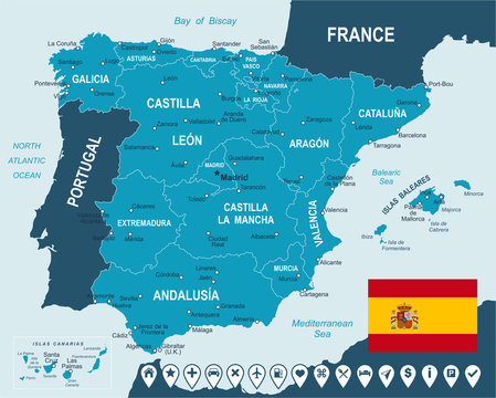 Spain - map, flag and navigation labels -highly detailed vector illustration