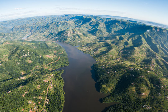 Aerial flying Inanda Valley hills valleys dam landscape outside Durban