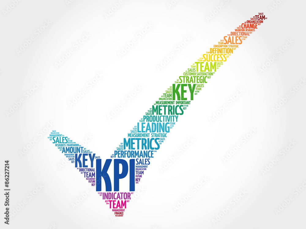 Poster kpi - key performance indicator check mark, vector business concept words cloud