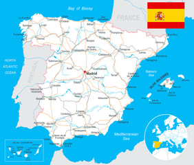 Spain - map, flag, navigation labels, roads- highly detailed vector illustration