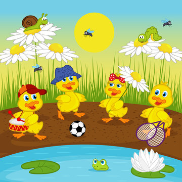 ducklings resting on lake - vector illustration, eps