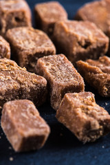 Traditional homemade fudge toffee, cut in squares cubes