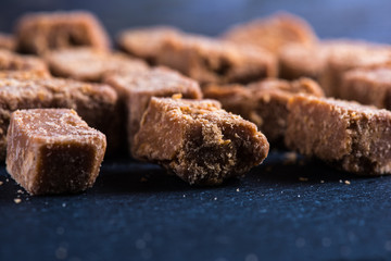Traditional homemade fudge toffee, cut in squares cubes