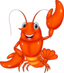 Cartoon lobster waving on white background