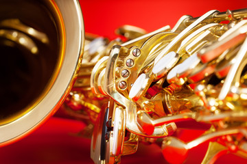 Close-up detailed view of saxophone with bell
