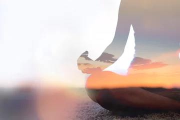 Acrylic prints Yoga school Double exposure of young woman  practicing yoga in nature