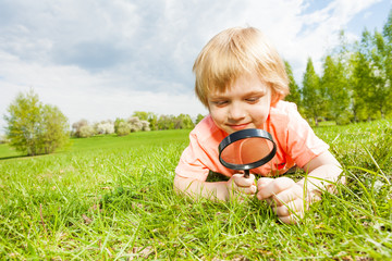 Blond boy with magnifier laying on the green grass