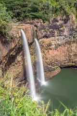 Day time Long exposure of Wailua falls from the easily accessible viewpoint on the island of Kauai, Hawaii