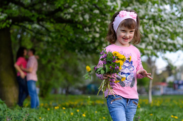 a girl collects the field flowers in a bouquet sits near parents