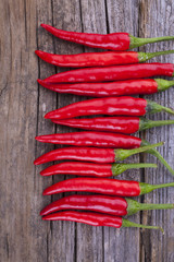 Chillis on wood top view scattered bunch