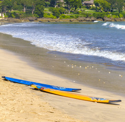 Fototapeta na wymiar Surf Boards on Tropical Sand Beach