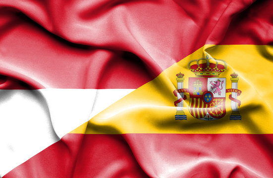 Waving flag of Spain and Indonesia