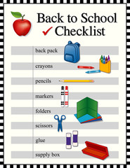 Back to School supplies check list backpack crayons scissors glue