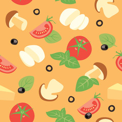Seamless vector background with tomato, cheese, basil, olives and mushrooms