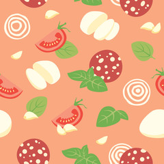 Seamless vector background with tomato, cheese, basil, garlic and Pepperoni