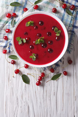 cherry cream soup with mint. vertical top view
