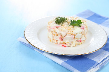 Salad from crab sticks with corn