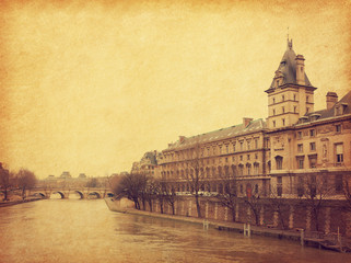 The Seine near the Pont Neuf, Paris, France. Photo in retro style. Added paper texture. Toned image