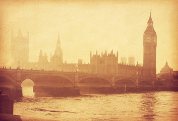 Naklejka premium Buildings of Parliament with Big Ban tower in London, UK. Photo in retro style. Added paper texture. Toned image