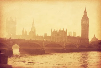   Buildings of Parliament with Big Ban tower in London, UK. Photo in retro style. Added paper texture. Toned image © Antonel